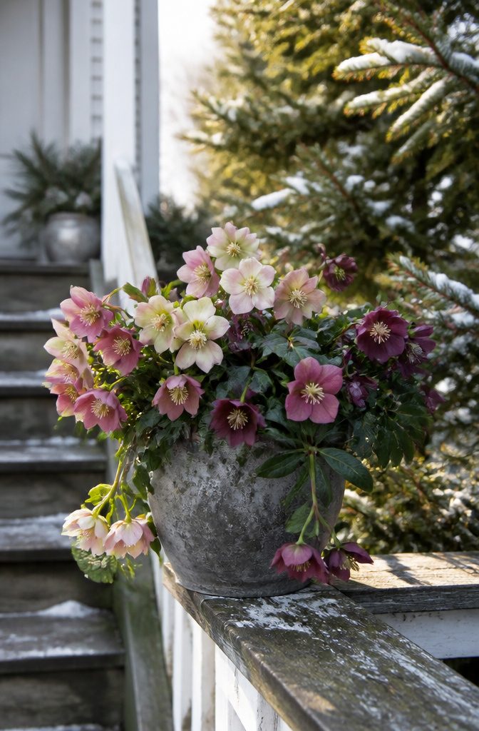 Winter Container Gardening with Evergreens: Plants for Cold Months 1 A pot of hellebores with downward-facing blooms in soft clusters.