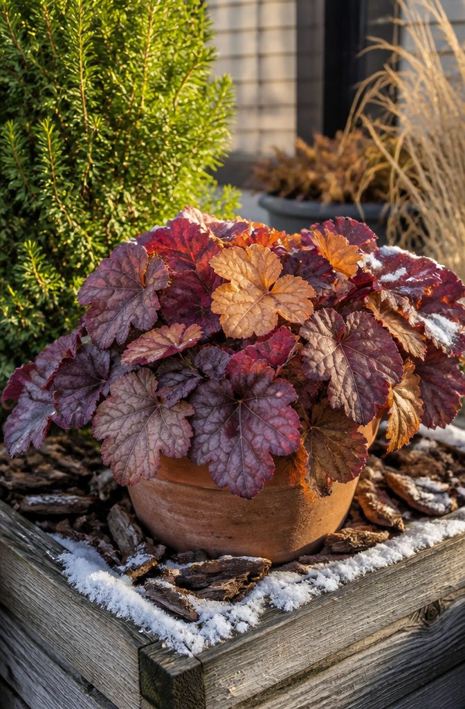 Winter Container Gardening with Evergreens: Plants for Cold Months 4 Heucheras in a rustic wooden planter with a light layer of snow.