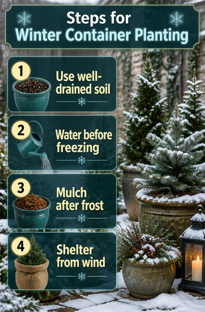 Winter Container Gardening with Evergreens: Plants for Cold Months 11 Steps for winter container planting displayed visually.
