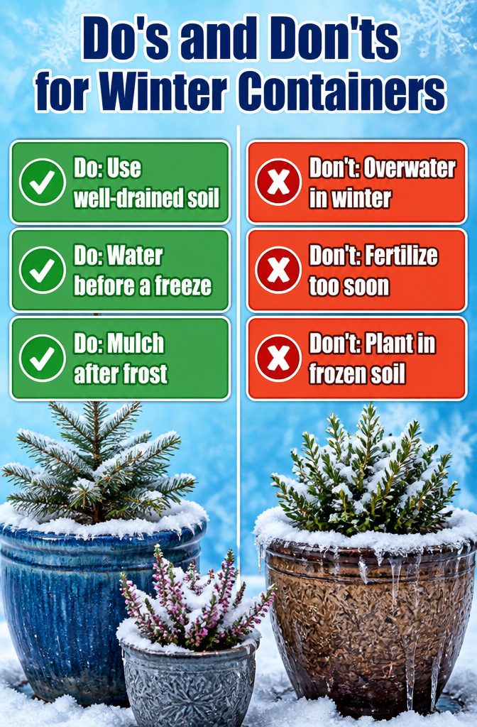 Winter Container Gardening with Evergreens: Plants for Cold Months 12 Do's and don'ts for maintaining winter containers.
