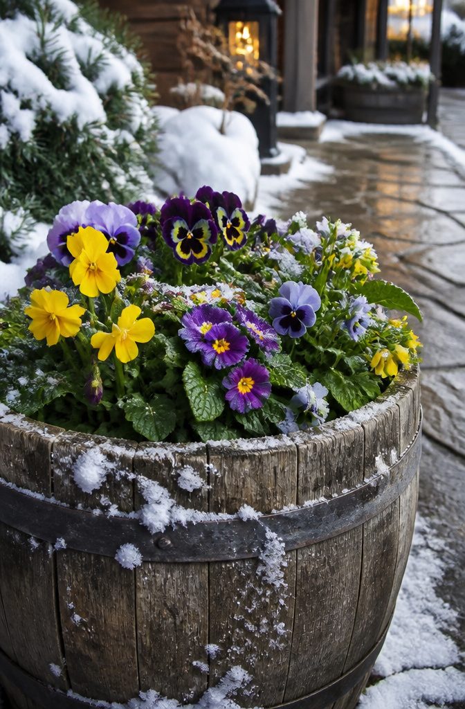 Winter Container Gardening with Evergreens: Plants for Cold Months 9 Pansies and primroses in a rustic wooden barrel partially covered in snow.