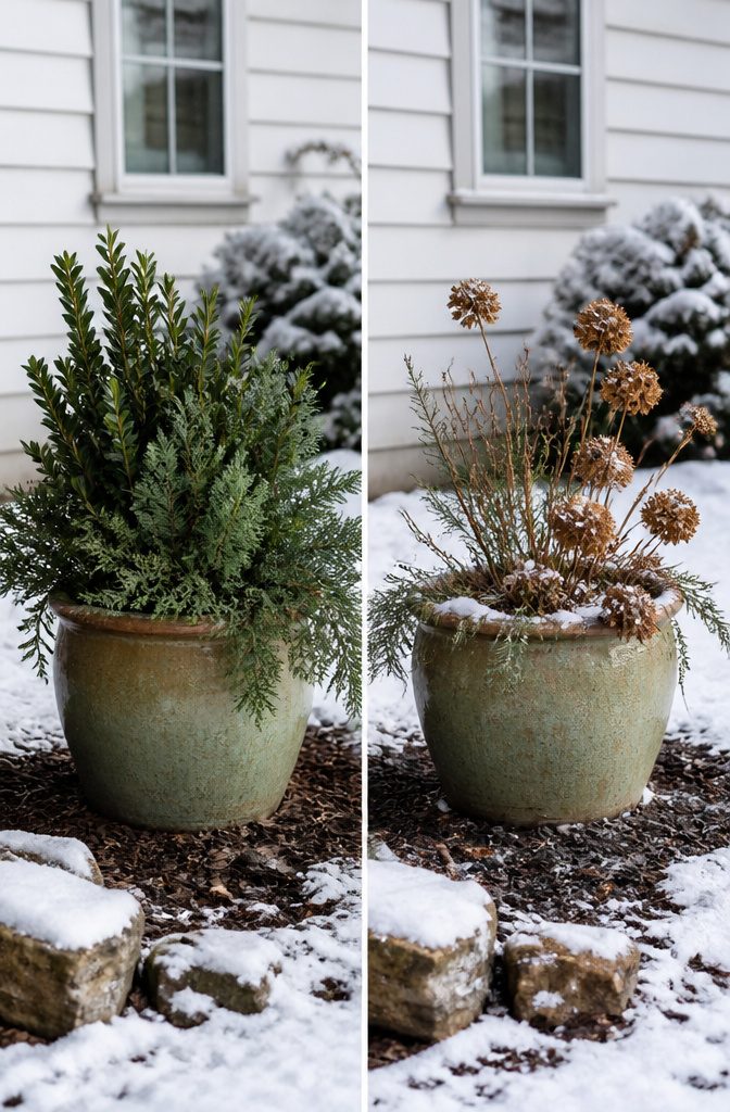 Winter Container Gardening with Evergreens: Plants for Cold Months 10 Evergreen plants in a winter container garden.
