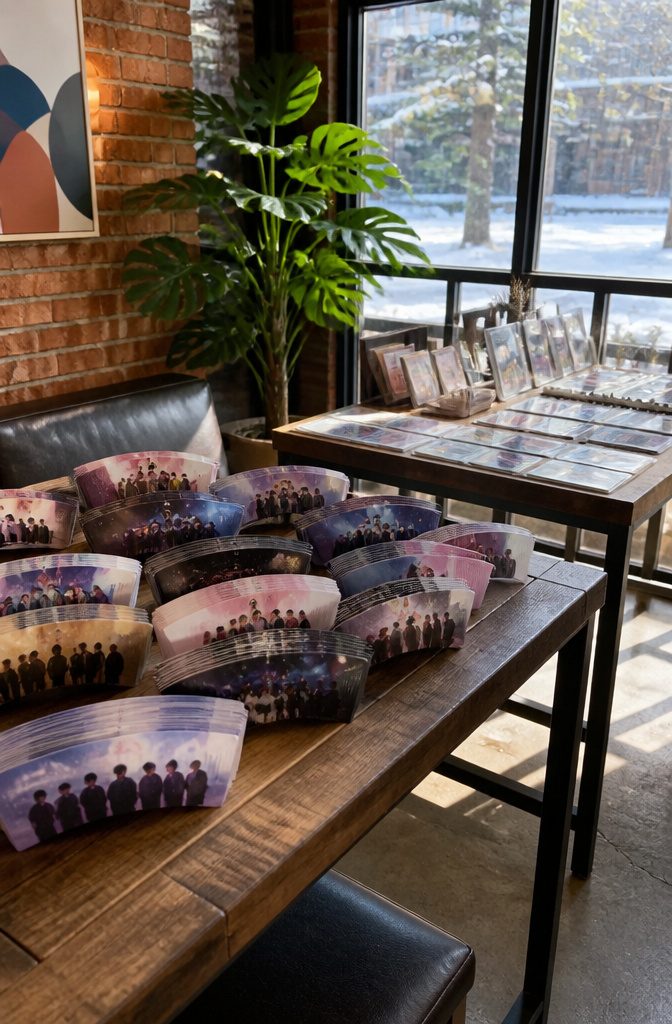 Colorful K-Pop cupsleeves arranged on a rustic wooden table.