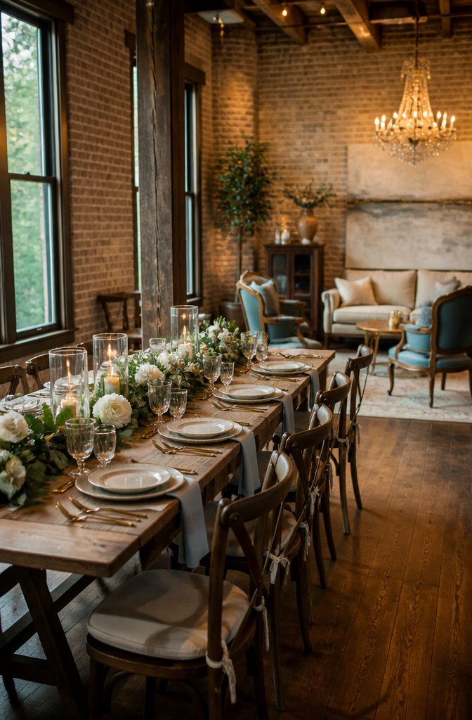 A long wooden table set with delicate dishware and floral decorations.