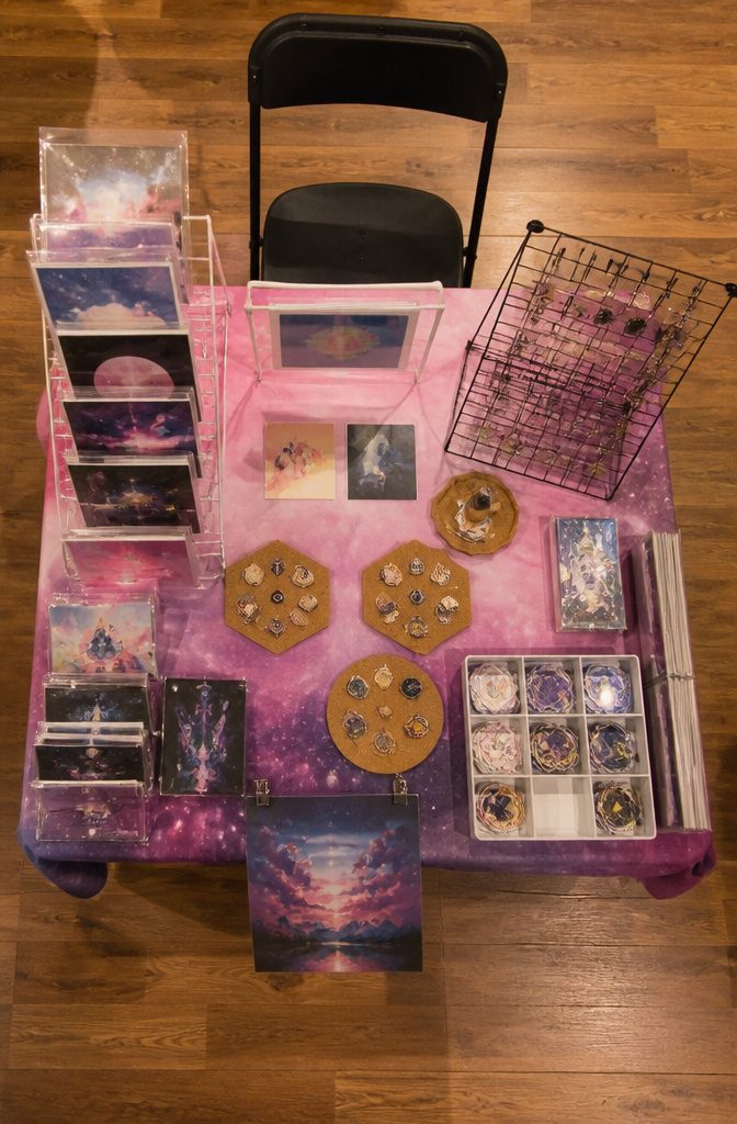 A vendor table at a K-Pop event showcasing merchandise for fans.