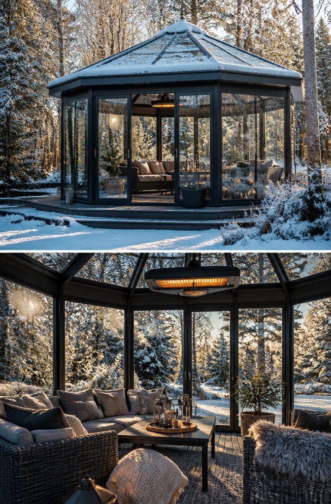 An enclosed gazebo with glass panels and a snow-covered landscape.