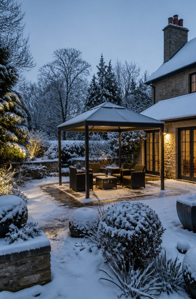 A folding gazebo assembled in a snowy winter setting.