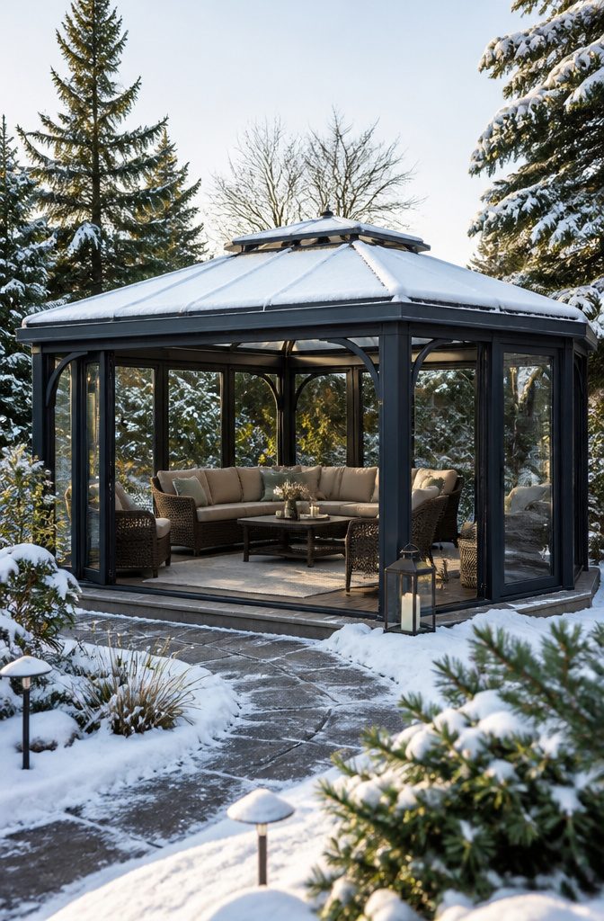 A gazebo with a sloped waterproof roof covered in snow.