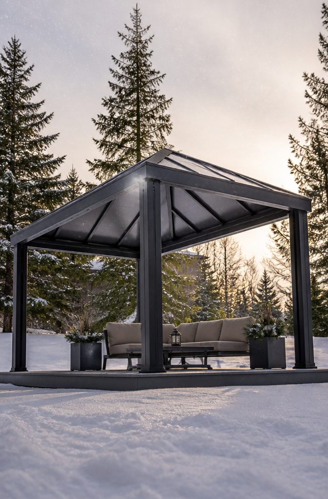 A hard-top permanent gazebo featuring a metal frame and polycarbonate roof.