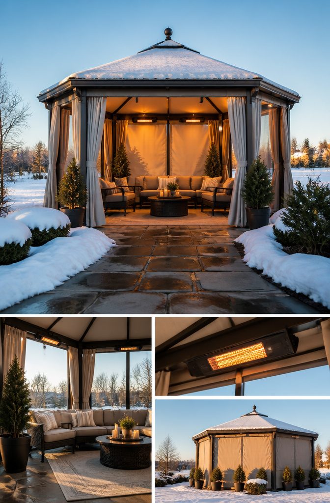 An infrared heating system mounted in a gazebo during winter.