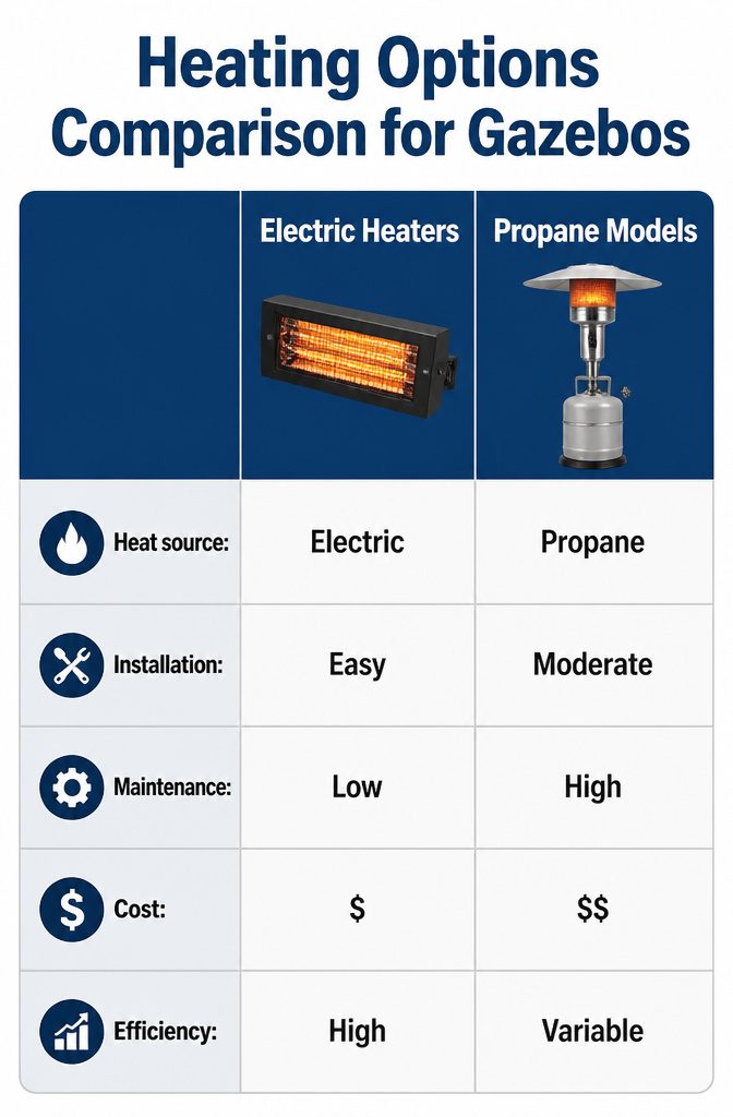A chart comparing heating options for winter garden gazebos.