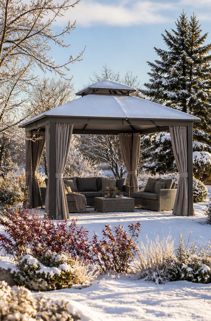 A heavy-duty fabric gazebo with a pitched roof and snow-covered ground.