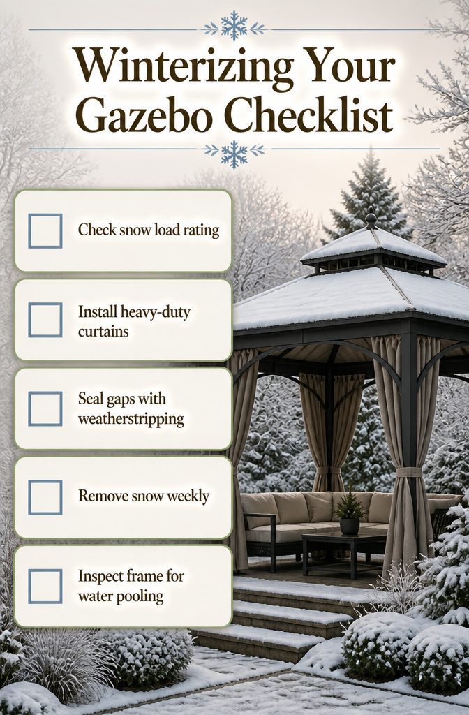 A checklist titled 'Winterizing Your Gazebo Checklist' for winter preparation.