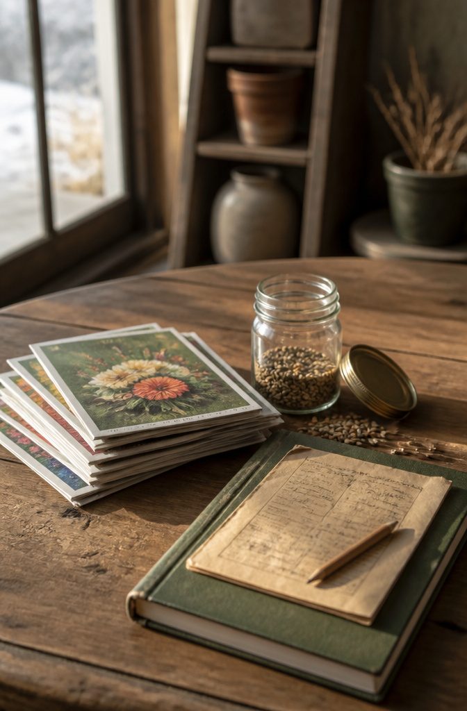Seed catalogs spread out on a table for winter selection.