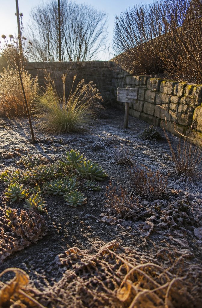 Drought-tolerant plants in a winter garden with moist soil.