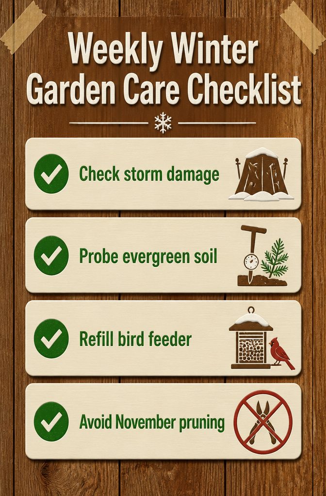 A winter garden care checklist taped inside a shed.