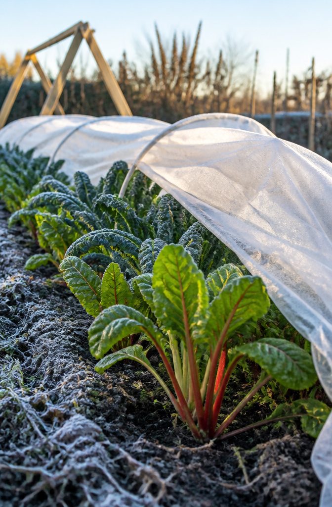 Brassicas and lettuce in a winter garden, covered for frost protection.
