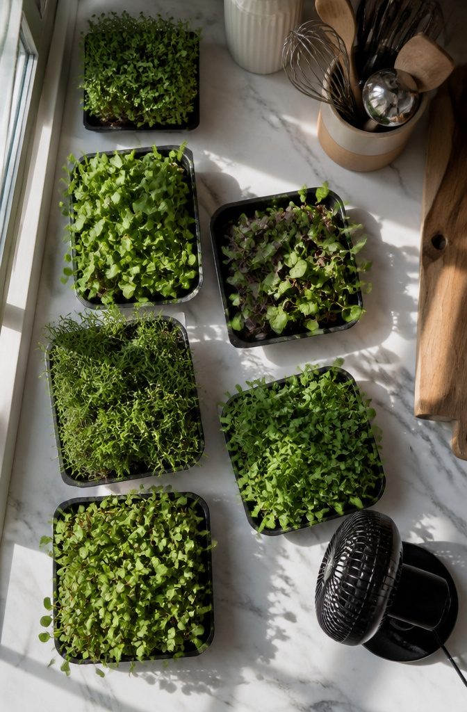 Trays of microgreens growing indoors on a countertop.