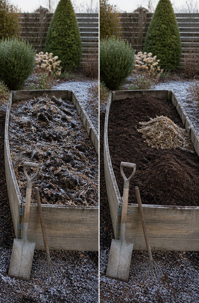 A raised bed filled with fresh soil and compost for winter.