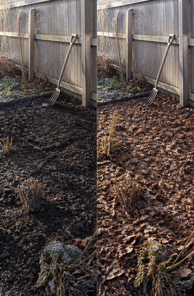 A layer of shredded leaves mulch spread over garden soil.