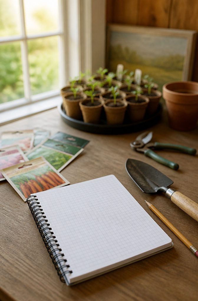 Graph paper with garden plans and sketches for next season.