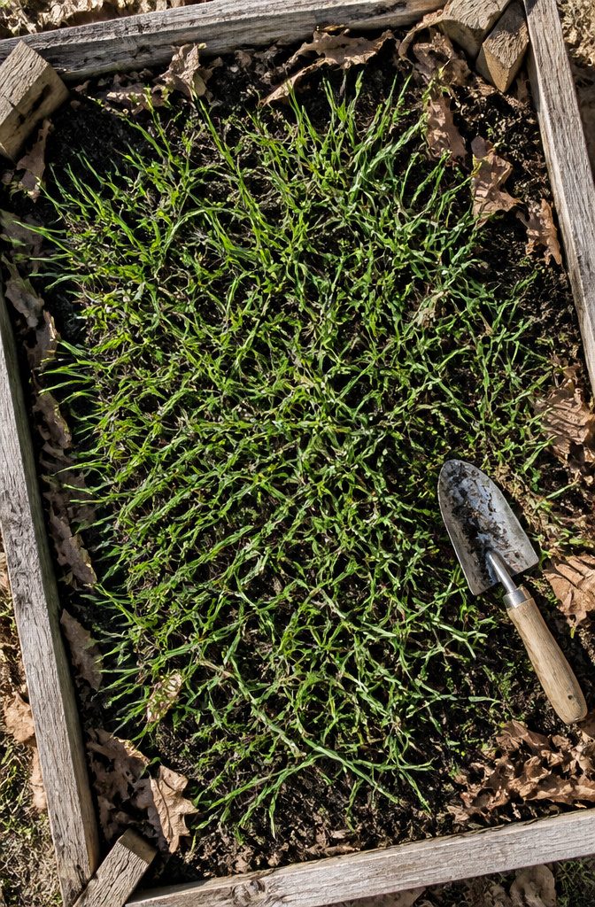 Winter rye and wheat cover crops established in a garden bed.