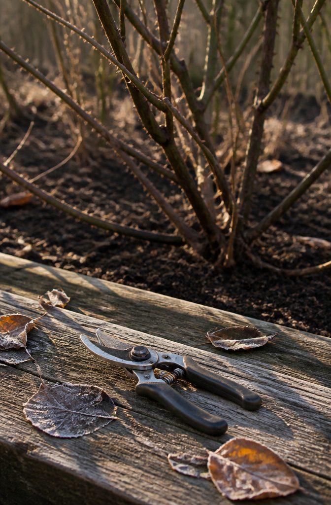 Pruning shears on a bench next to a dormant rose bush.