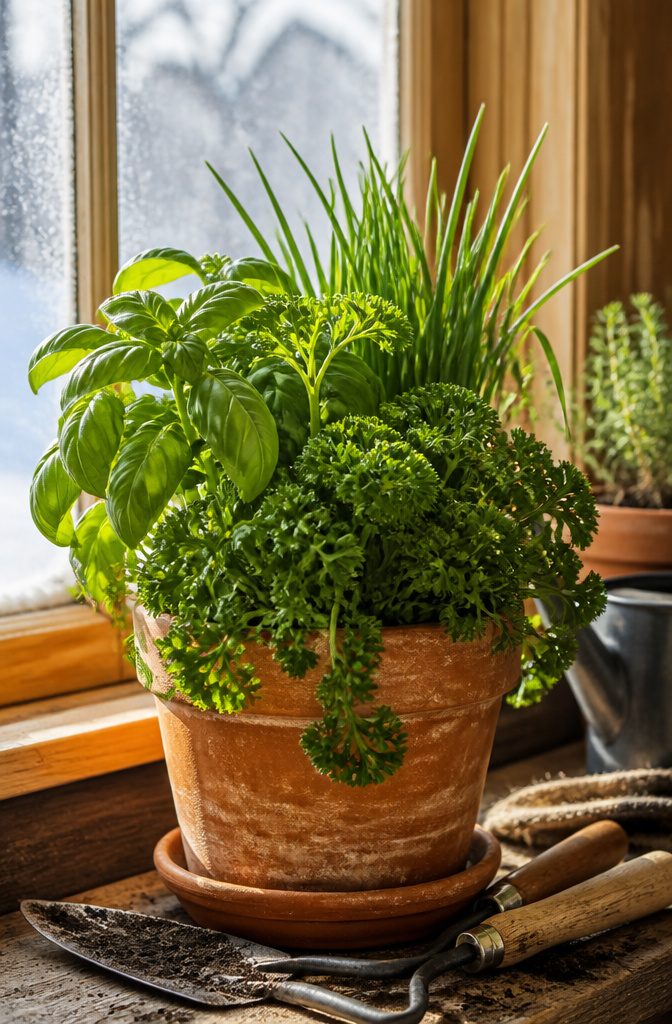 Potted basil growing on a south-facing windowsill indoors.
