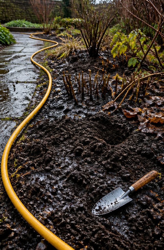 A yellow hose on dark, moist soil with a small trowel nearby.