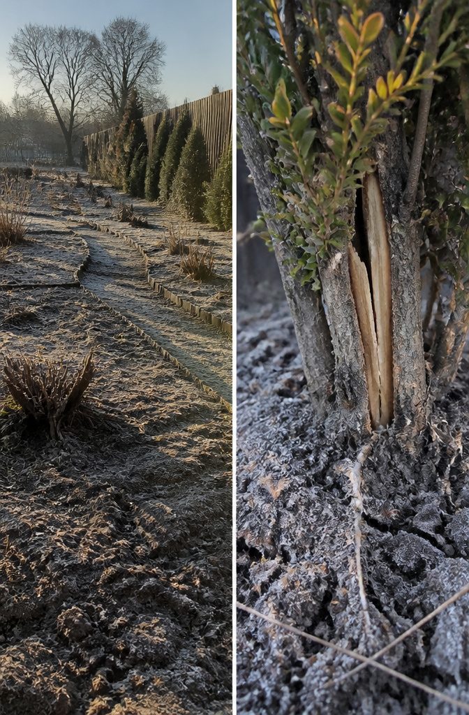 Winter Garden No Snow: Protecting Plants Through Cold, Dry Months 1 Roots poking through glazed frost-covered soil.