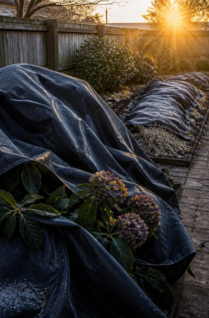 Winter Garden No Snow: Protecting Plants Through Cold, Dry Months 4 Frost blankets draped over plants in a garden.