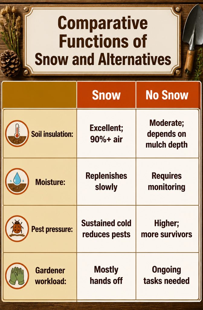 Winter Garden No Snow: Protecting Plants Through Cold, Dry Months 10 An infographic showing snow and mulch insulation differences.
