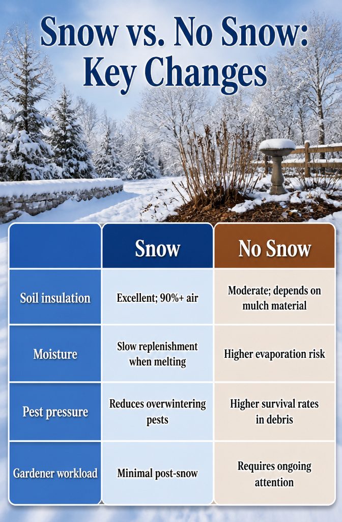 Winter Garden No Snow: Protecting Plants Through Cold, Dry Months 11 Infographic comparing snow cover to bare ground.