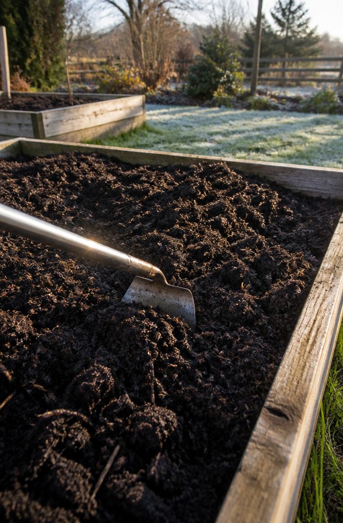 A raised garden bed with a layer of dark compost applied.