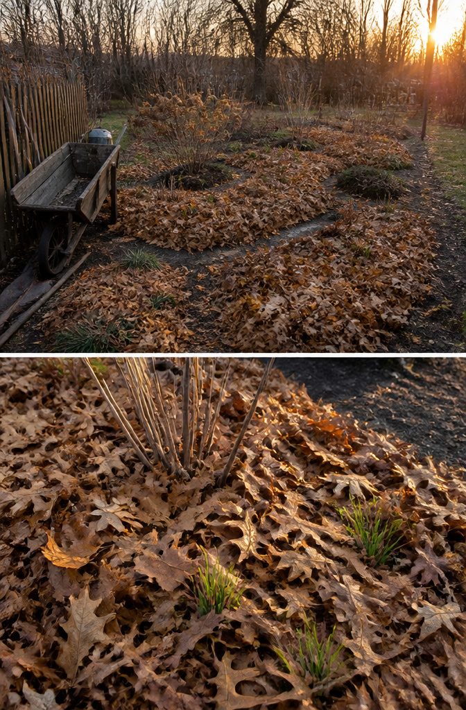 Mulch spread over clean garden beds to retain moisture.