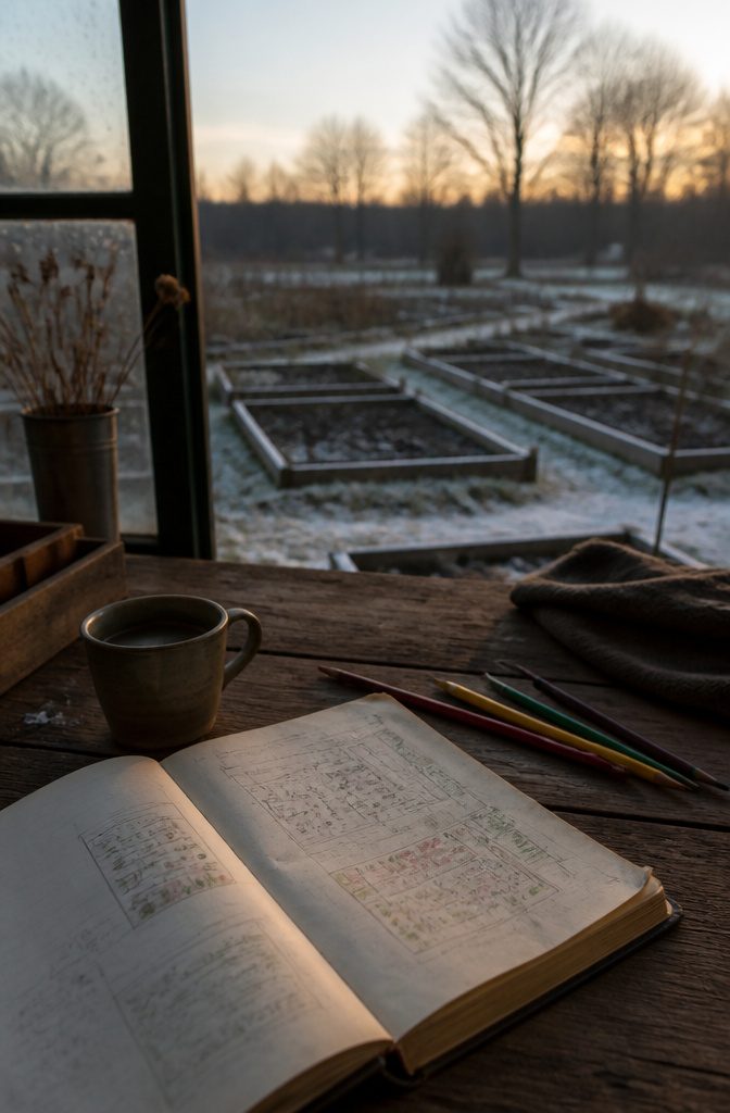 A weathered notebook with sketches and notes on a workbench.