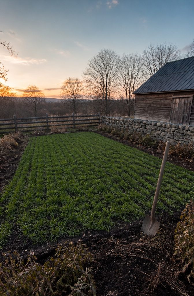 A garden bed with winter rye cover crop established.