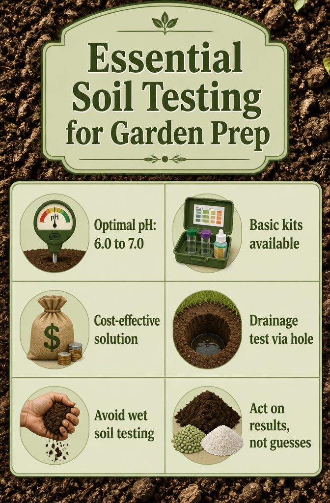 Tools and a soil testing kit laid out for garden prep.