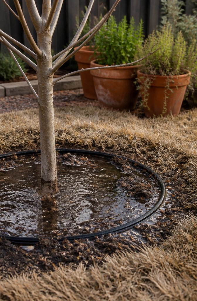 A tree with a soaker hose watering its drip line.