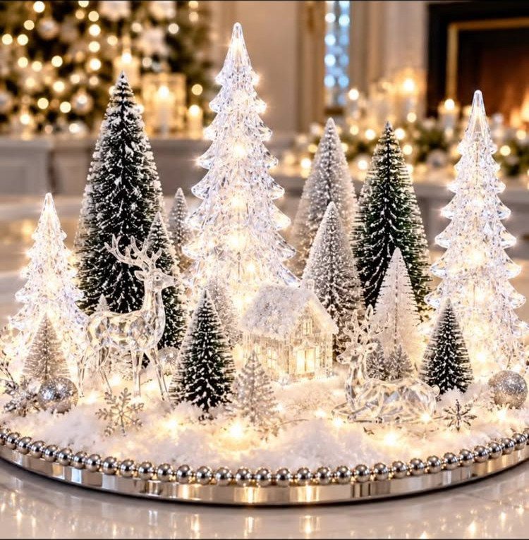 7 Winter Garden Room Ideas: Plants, Protection and Whimsy 6 Miniature frosted trees, a reindeer, and a small house arranged in a snowy lighted centerpiece.