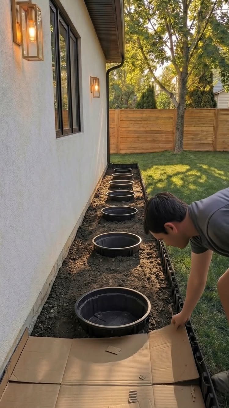 7 Winter Garden Room Ideas: Plants, Protection and Whimsy 5 A person placing black circular containers into a long garden bed lined with cardboard.