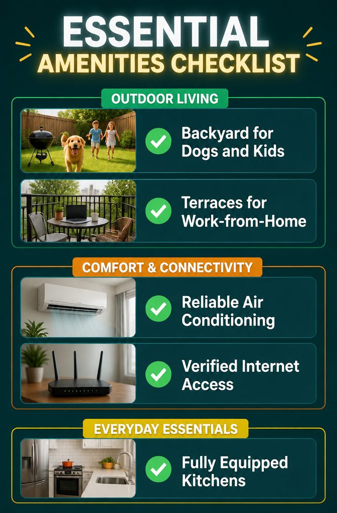 An essential amenities checklist highlighting outdoor spaces.