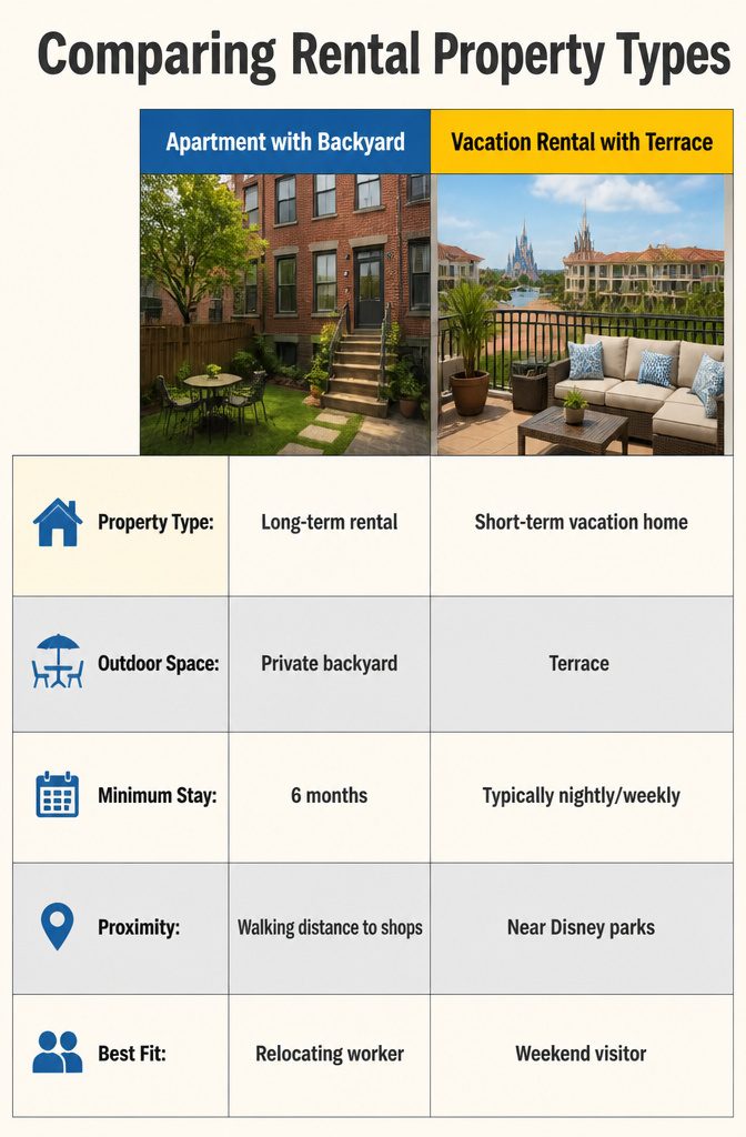A comparison chart of rental property types in Winter Garden.