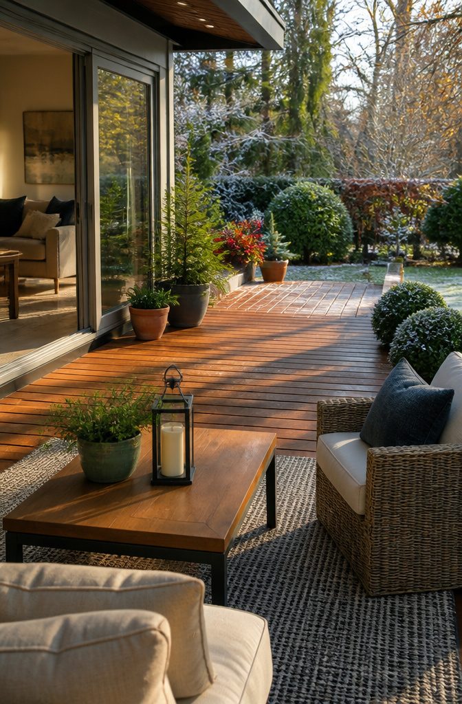 A vacation rental terrace furnished with seating and a view of a garden.