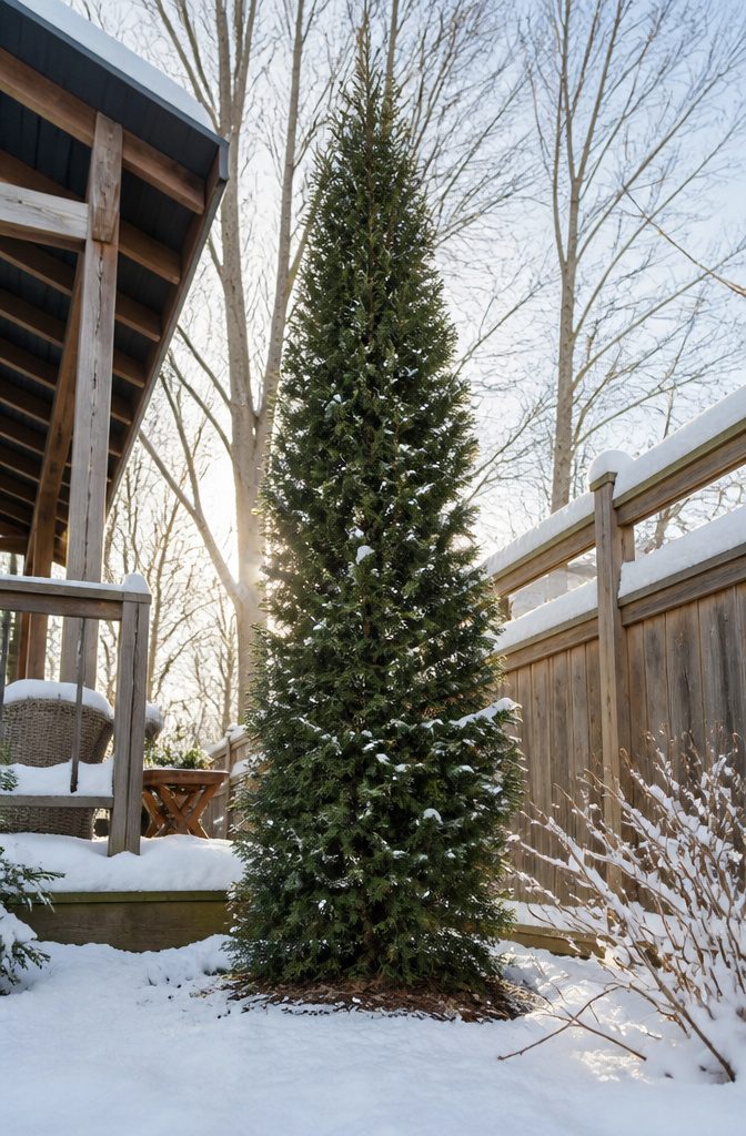 Columnar North Pole arborvitae in a winter setting.