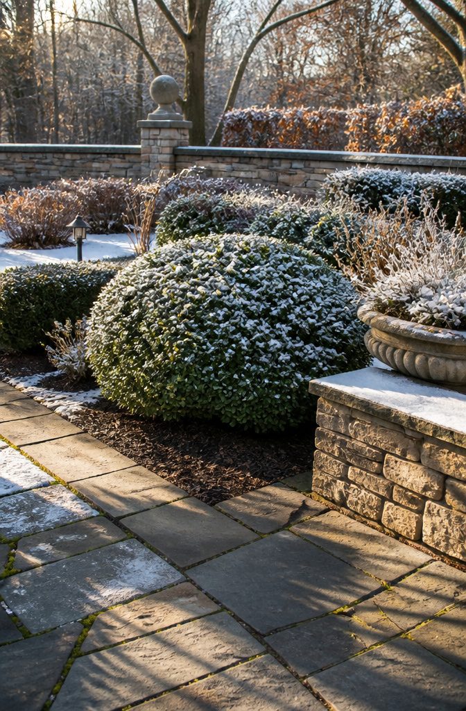 Green wintergreen boxwood shrub covered in snow.