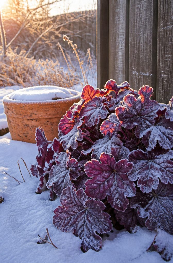 Cluster of coral bells with ruffled leaves and a wooden fence.