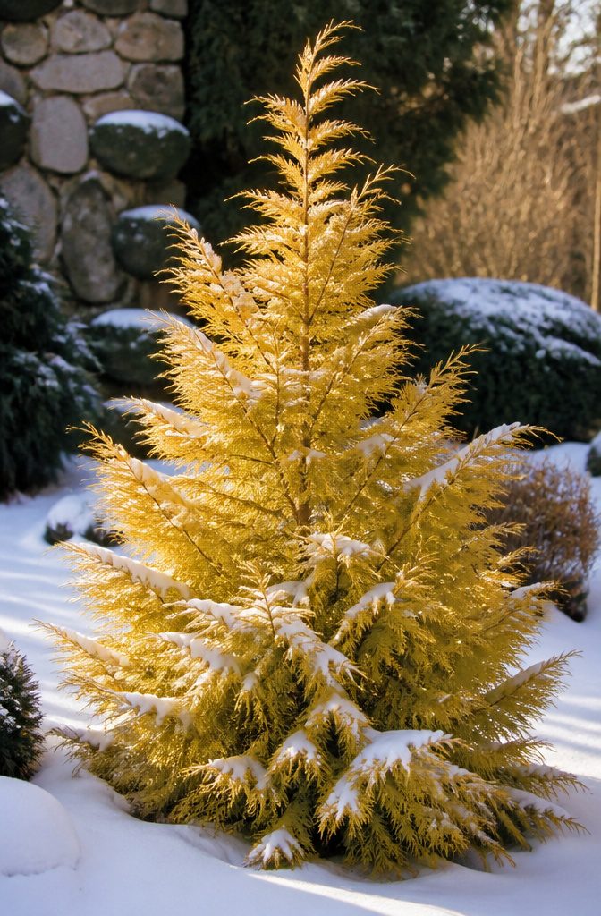 False cypress with bronze and gold foliage in winter.