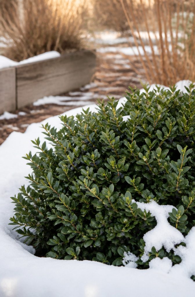 Inkberry holly shrub with small black berries.
