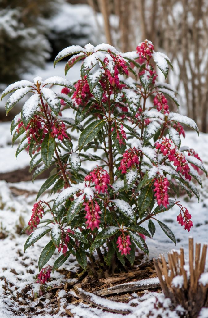 Lily of the valley shrub with red flowers.